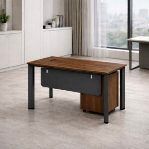 Premium Walnut Wooden Executive Desk with Charcoal Grey Metal Legs, Modesty Panel, and Mobile Pedesta