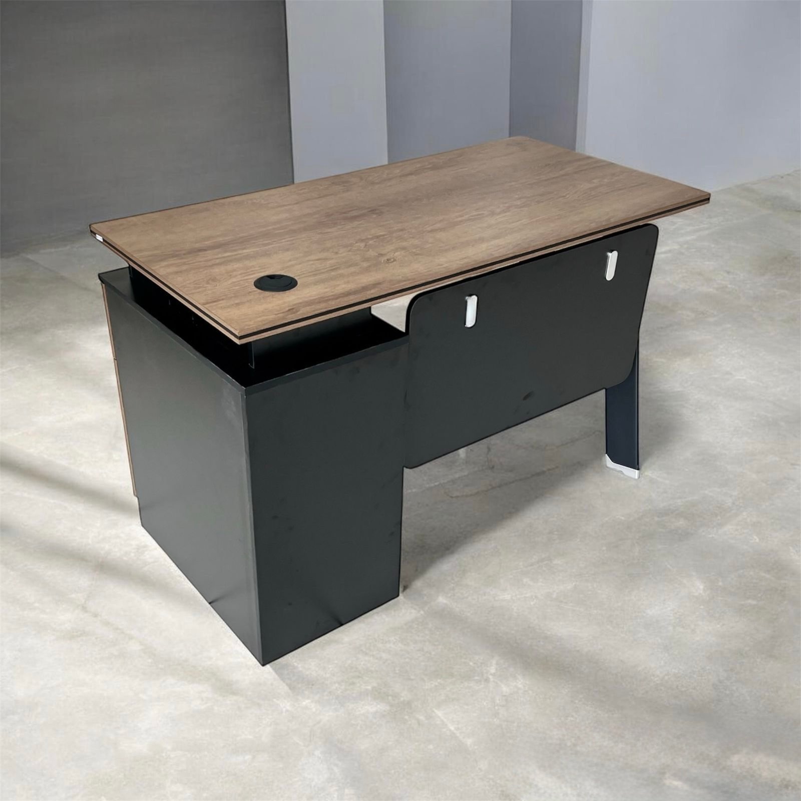 Premium Walnut Wooden Executive Desk with Matt Black Side Credenza and Floating Modesty Panel