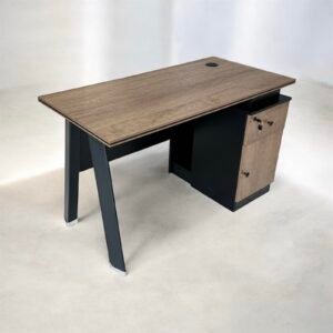 Premium Walnut Wooden Office Desk with Black A Line Tapered Legs and Integrated Side Storage Unit