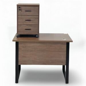 Premium Walnut Wooden Staff Office Table with Black Metal Loop Frame and 3 Drawer Mobile Pedestal