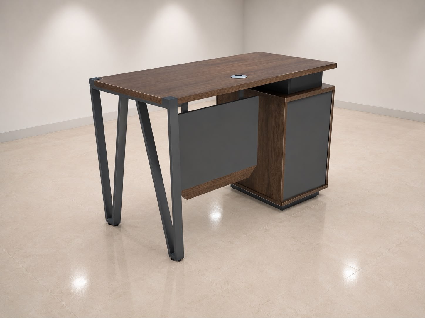 Premium Walnut Wooden Staff Office Table with Charcoal Grey Pedestal and Charcoal Grey Zigzag Metal Frame