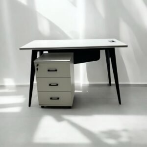 Premium White Executive Desk with Black Tapered Legs and 3 Drawer Mobile Pedestal