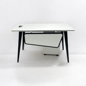 Premium White Executive Desk with Black Tapered Legs and Angular Modesty Panel