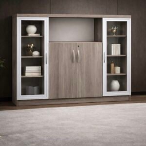 Small Floor Standing Bookcase Ash Grey with Center Open Shelf