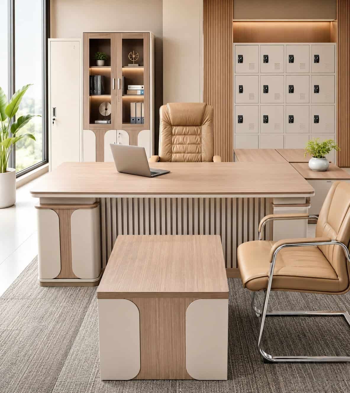 luxurious modern executive office set light wood desk ribbed panels beige accents tan leather chairs