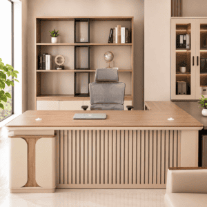 luxurious modern executive office set light wood l shaped desk ribbed front panels off white accents gray mesh chair