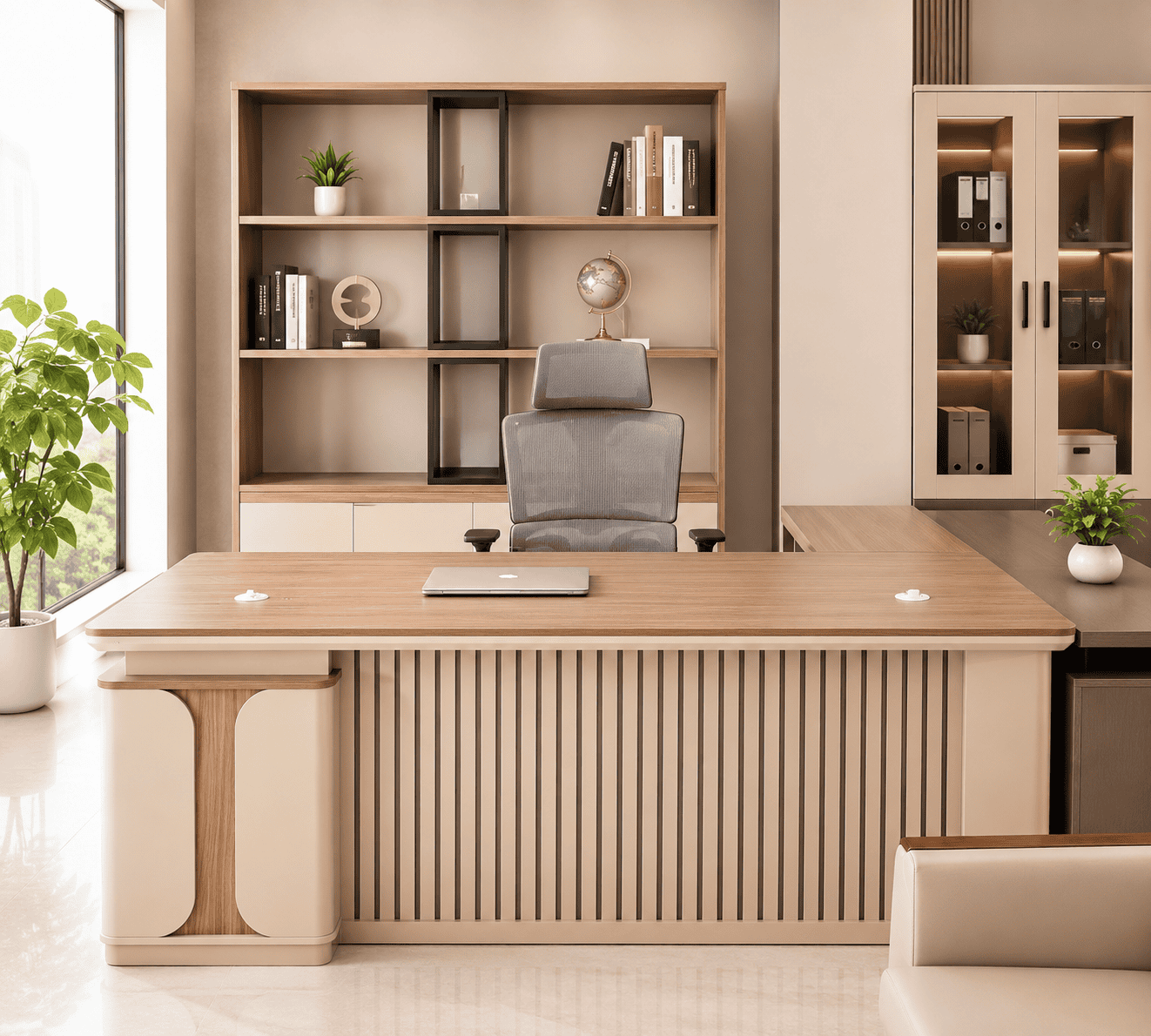 luxurious modern executive office set light wood l shaped desk ribbed front panels off white accents gray mesh chair