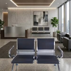 premium 2 seater perforated metal waiting chair dark blue leather stainless steel base
