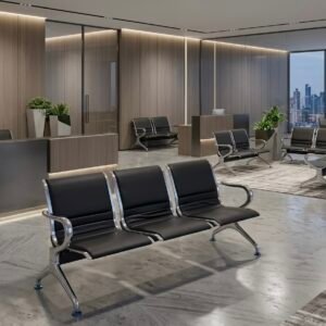 premium 3 seater corporate waiting chair black leather stainless steel base