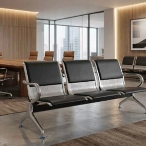premium 3 seater perforated metal waiting chair black leather chrome armrests stainless steel base