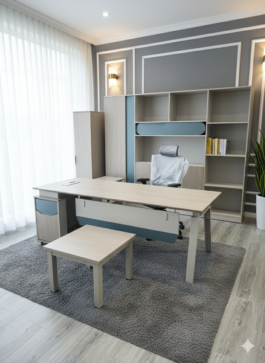 Luxurious Modern Office Set Light Wood & Soft Blue